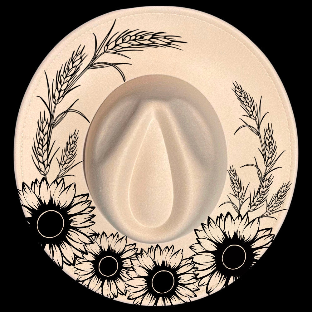 Sunflower design on a wide brim hat with wheat