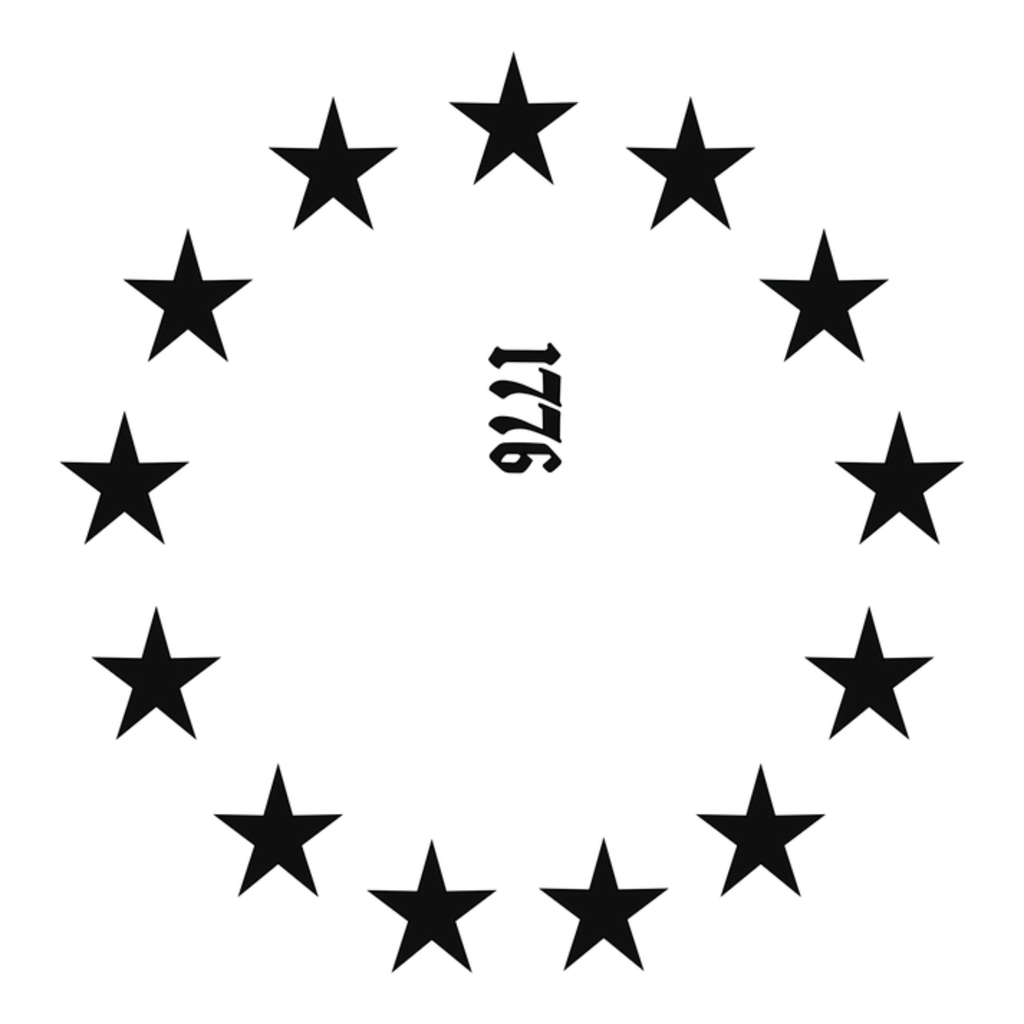 Circular arrangement of black stars with the number 1776 in the center on a white background
