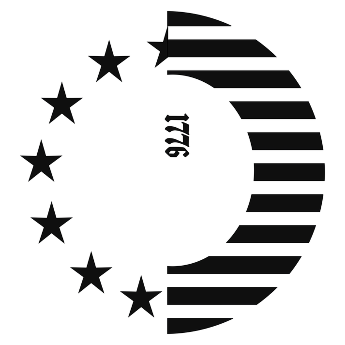 Black and white design with stars and stripes, featuring the number 1776.