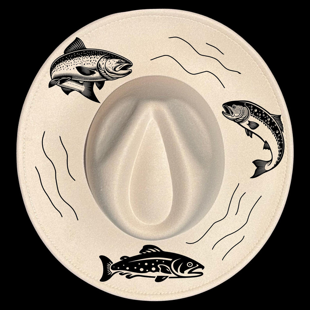 3 salmon hat burning design on a wide brim hat