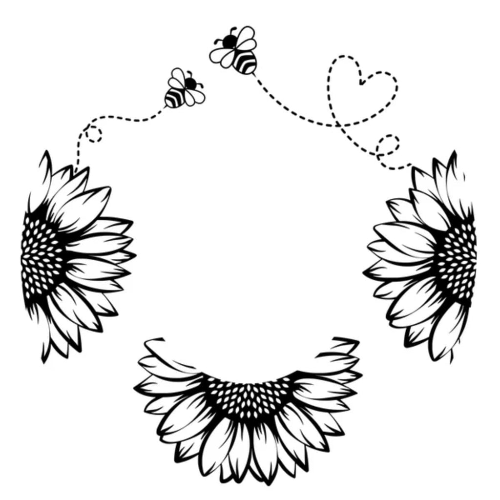 Black and white illustration of sunflowers and bees forming a heart shape.