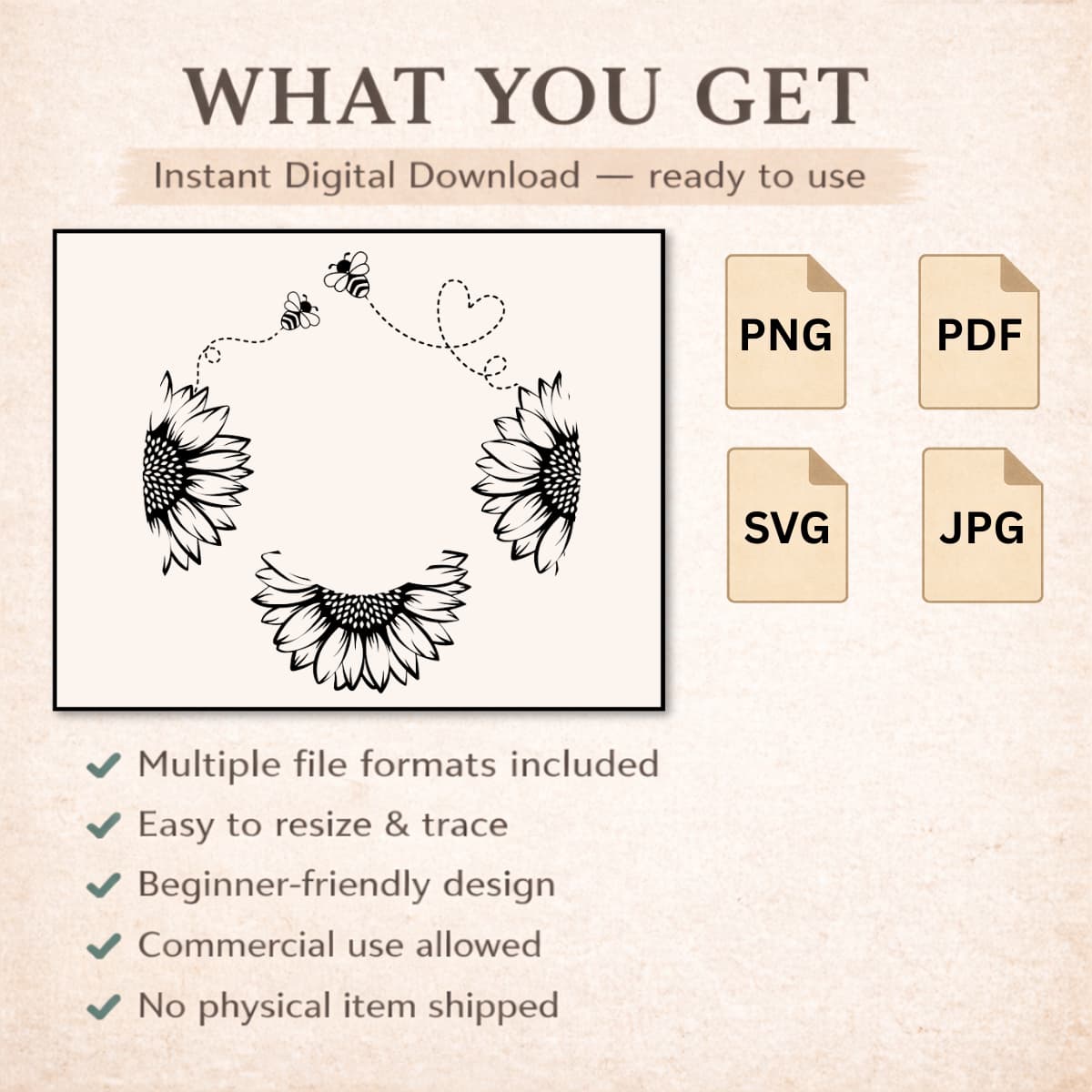 Digital download graphic with sunflower design and file format icons on a beige background.