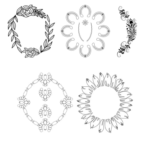Set of black line art decorative elements on a white background
