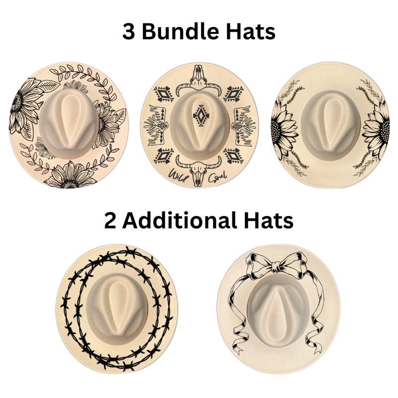 Set of five decorative hats with various designs on a white background