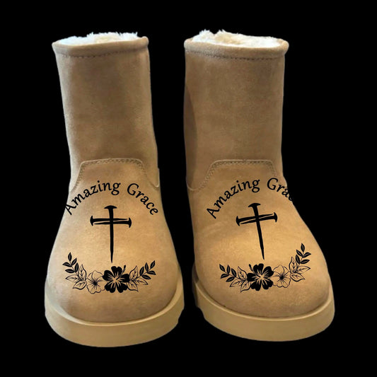 Amazing Grace boot burning design on a pair of boots.