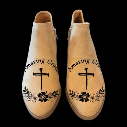 Amazing Grace boots burning design on a pair of shoes.