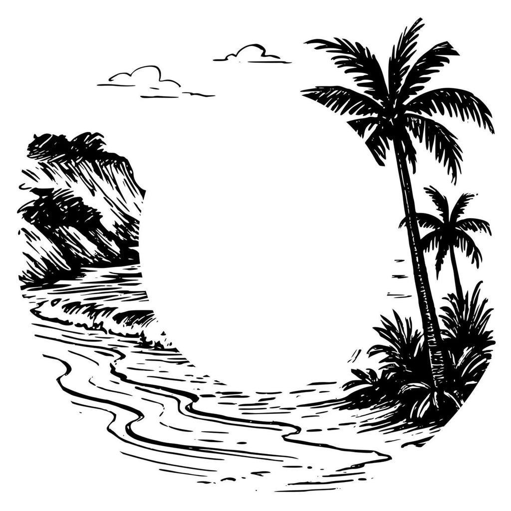 A tropical beach scene hat burning design