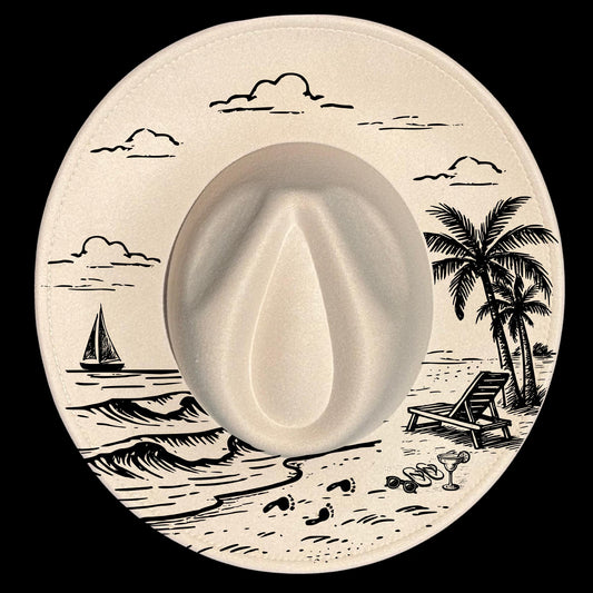 Hat burning design for wide brfim hats, featuring beach elements like palm trees, lounge chair, and sailboat.