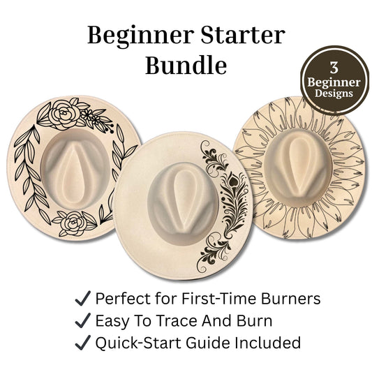 Three beginner hat burning designs  on a white background, labeled as a 'Beginner Starter Bundle'.