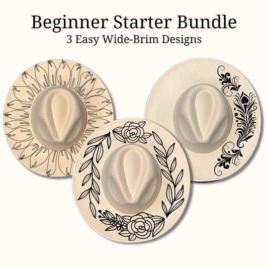 Three wide-brimmed hat designs with decorative patterns on a white background, labeled 'Beginner Starter Bundle'.