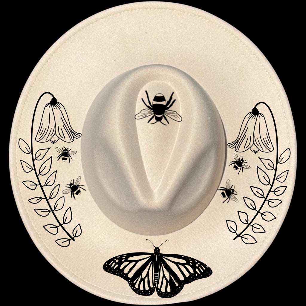 Bell flower butterfly and bees design on a wide brim hat