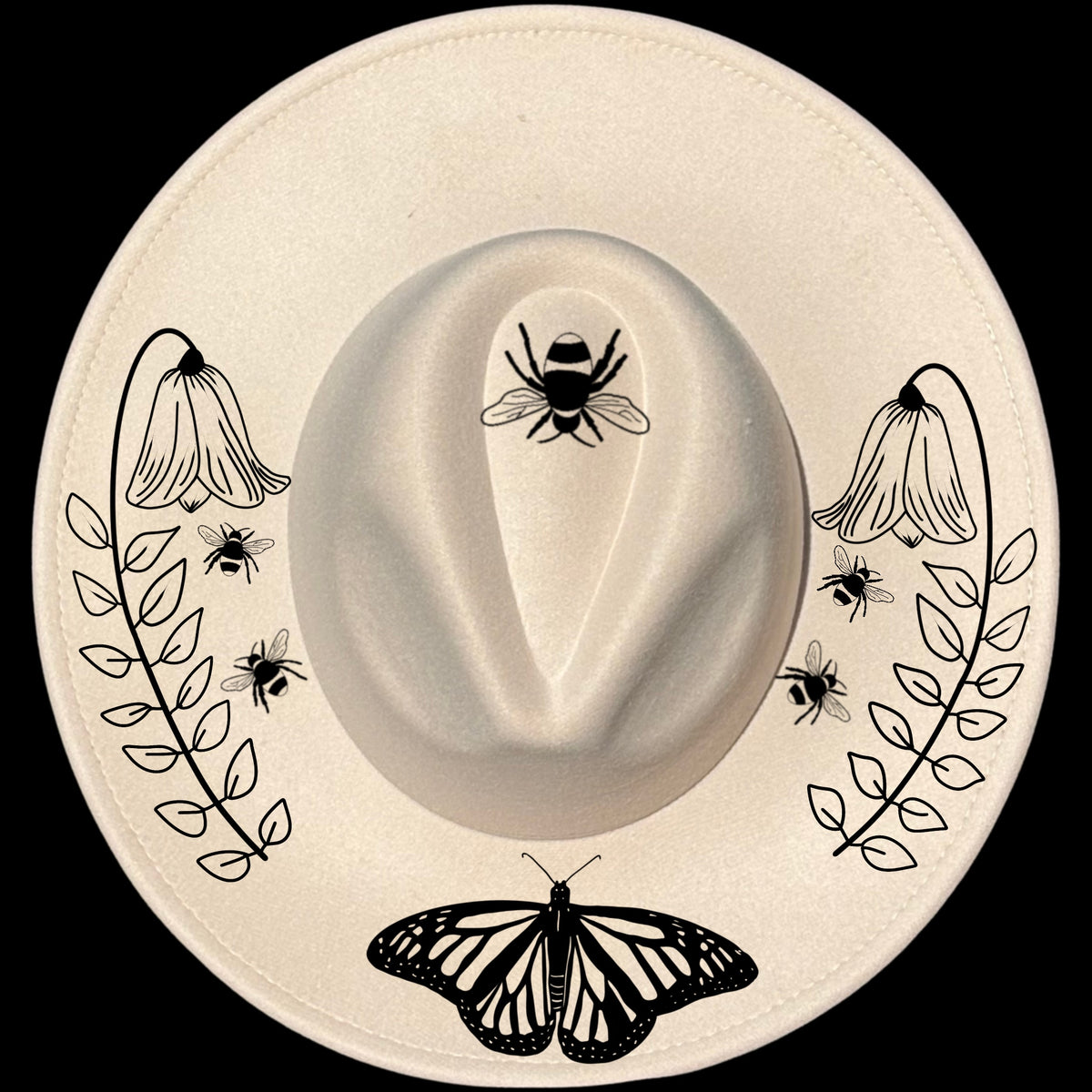 Bell flower butterfly and bees design on a wide brim hat