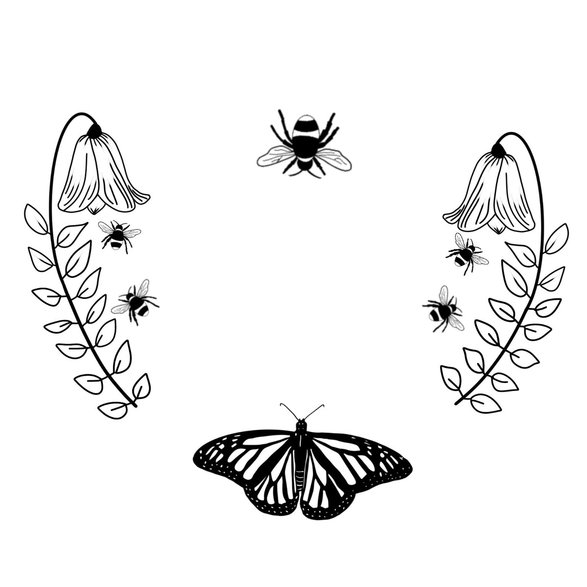 Bell flower and butterflies design on a white background