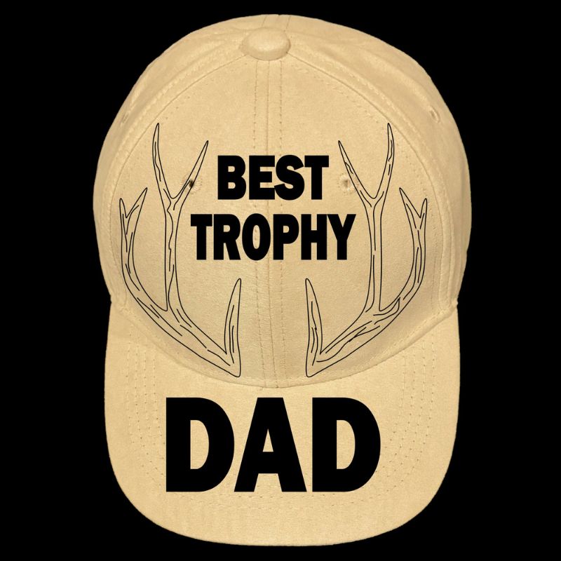 A beige baseball cap with 'BEST TROPHY DAD' printed on the front, featuring a graphic of deer antlers.