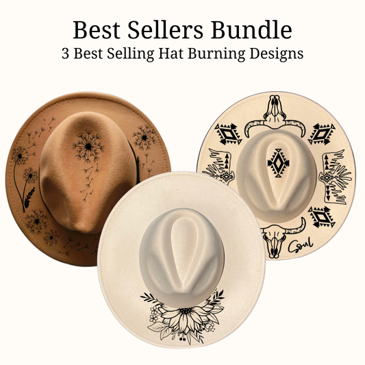 Three best-selling hat burning designs with decorative patterns on a white background.