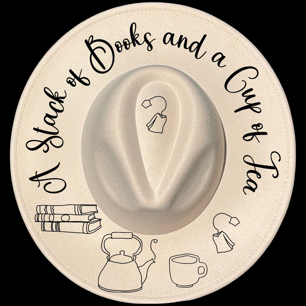 A Stack Of Books And A Cup Of Tea design on a wide brim hat