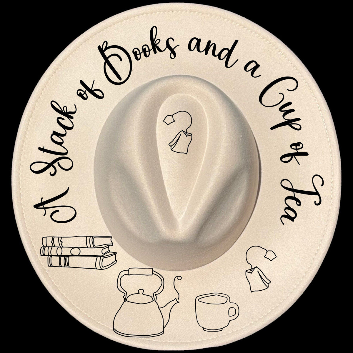 A Stack Of Books And A Cup Of Tea design on a wide brim hat