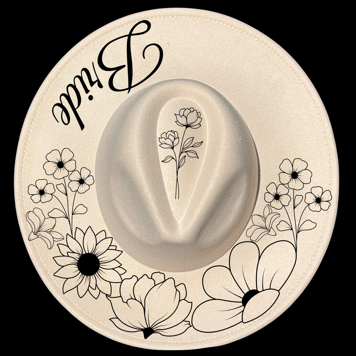 Bride Boho design on a wide brim hat