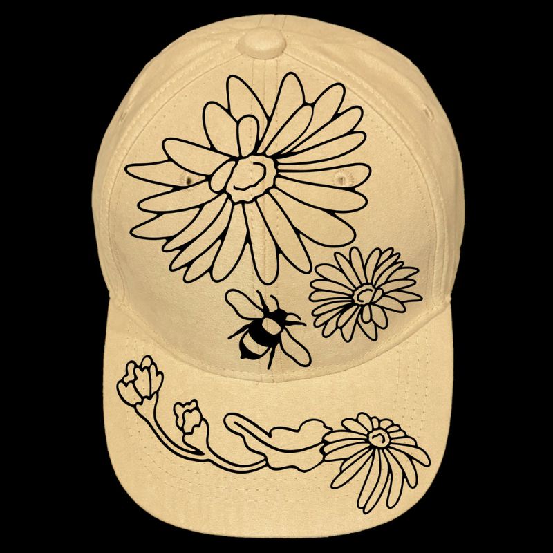 A beige baseball cap with a floral design, featuring a bumblebee and flowers.