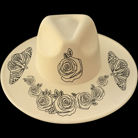 Butterflies and Roses design on a wide brim hat