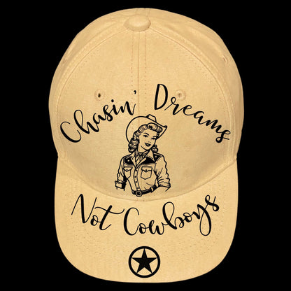 Chasing Dreams Not Cowboys burned hat burning design on a baseball cap