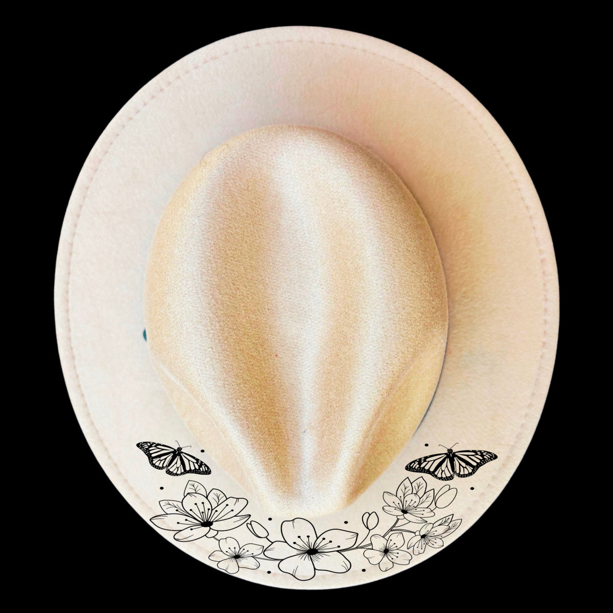 Flowers and butterflies on a narrow brim hat