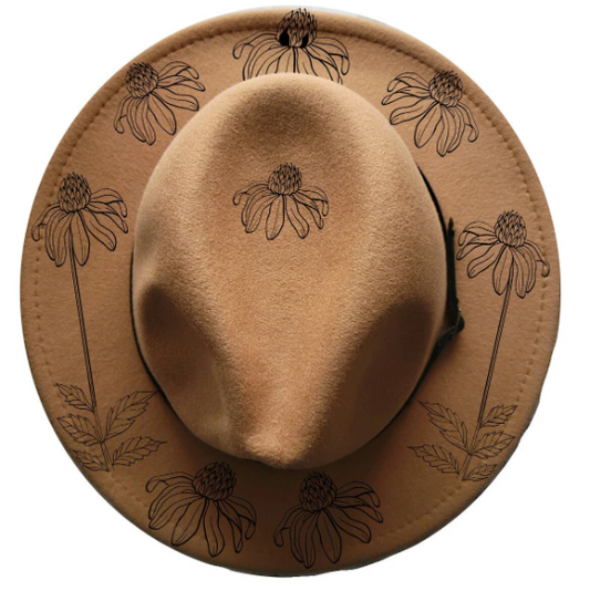 Coneflower design on a narrow brim hat