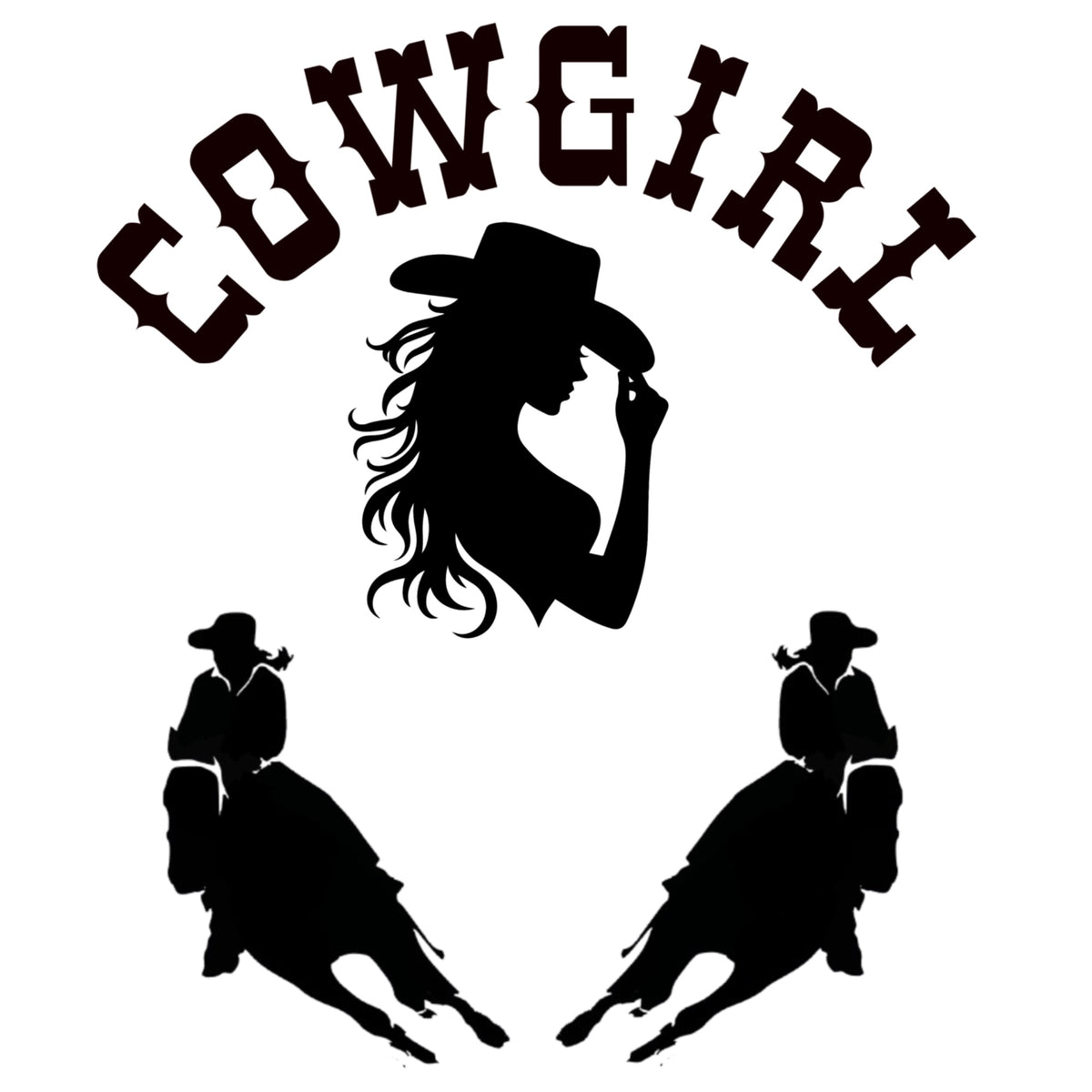 A silhouette of a cowgirl tipping her hat and 2 horse riders with the text "Cowgirl".