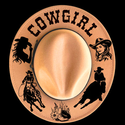 Cowgirl burned hat burning design on a narrow brim hat