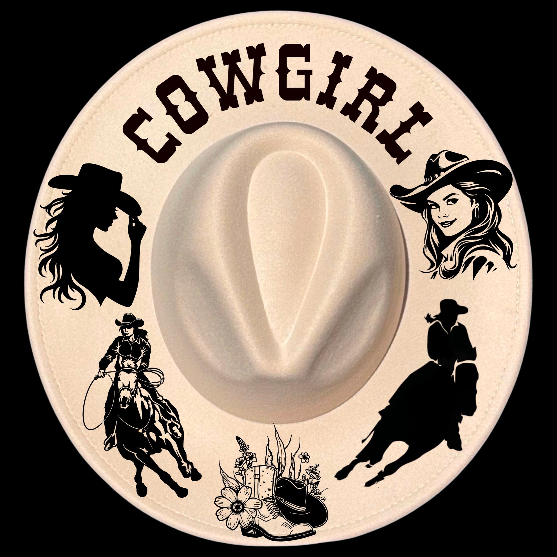 Cowgirl burned hat burning design on a wide brim hat