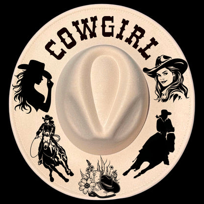 Cowgirl burned hat burning design on a wide brim hat