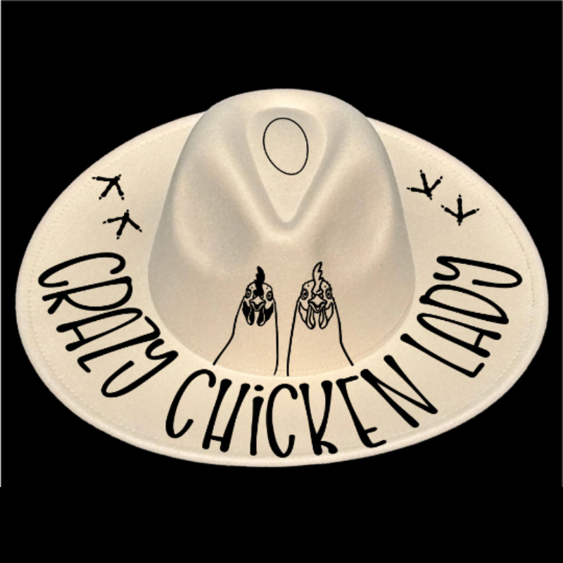 Crazy Chicken hat burning design on a wide brim hat