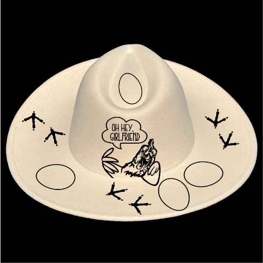 Crazy chicken design on a wide brim hat