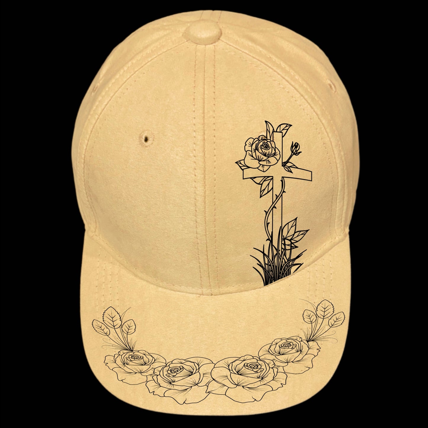 Cross And Roses burned hat design on a baseball cap.