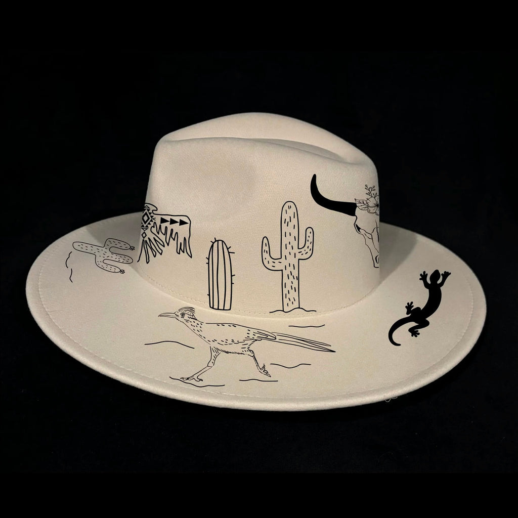 Roadrunner cactus and lizard design on a wide brim hat