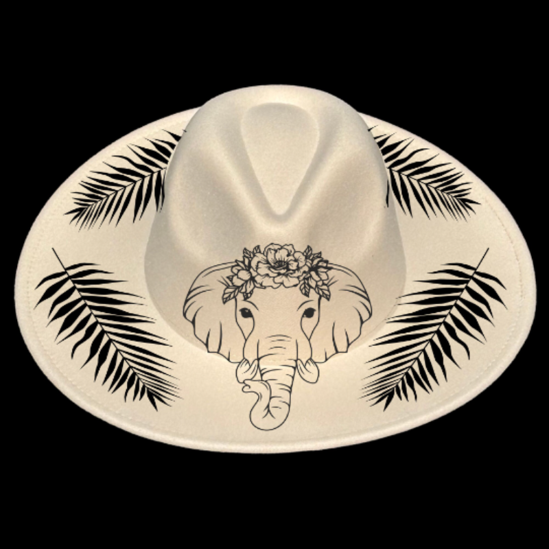 Elephant Boho design on a wide brim hat