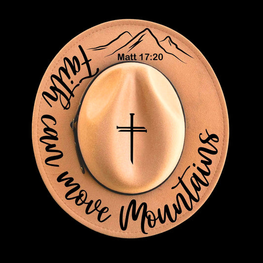 Faith Can Move Mountains burned hat burning design on a narrow brim hat