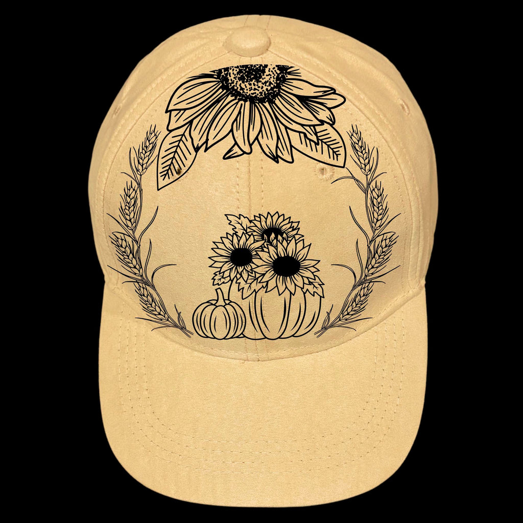 Fall Harvest burned hat design on a baseball cap