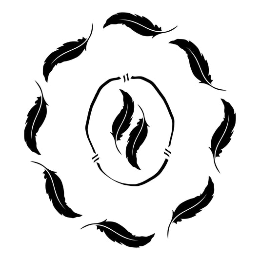 Decorative design with feathers around a central circular pattern on a white background
