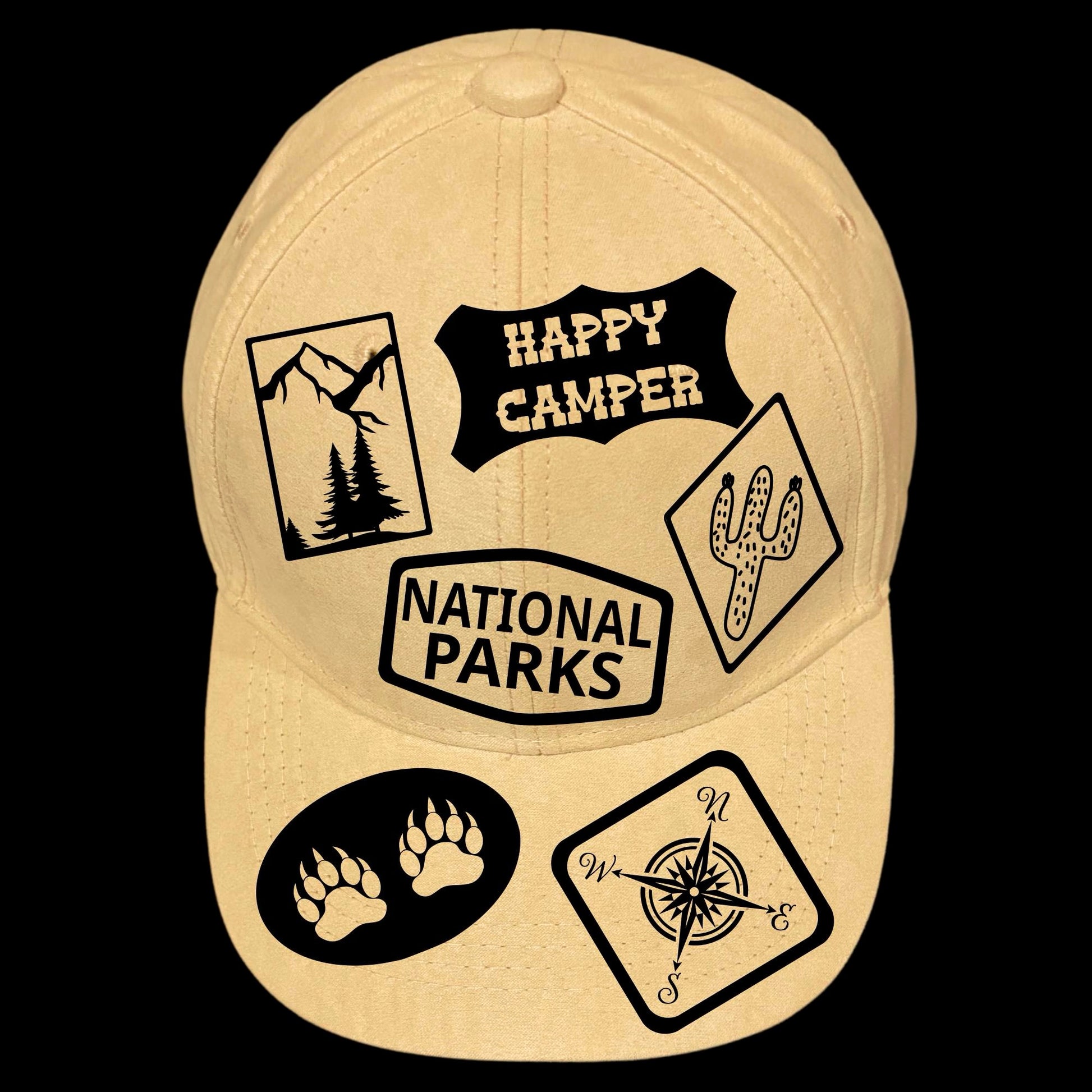 Faux Camping Patch burned hat burning design on a baseball cap.