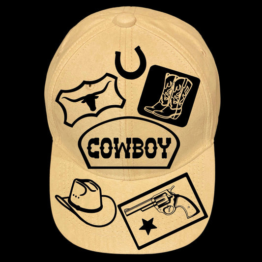 Faux Cowboy Patch burned hat burning design on a baseball cap.