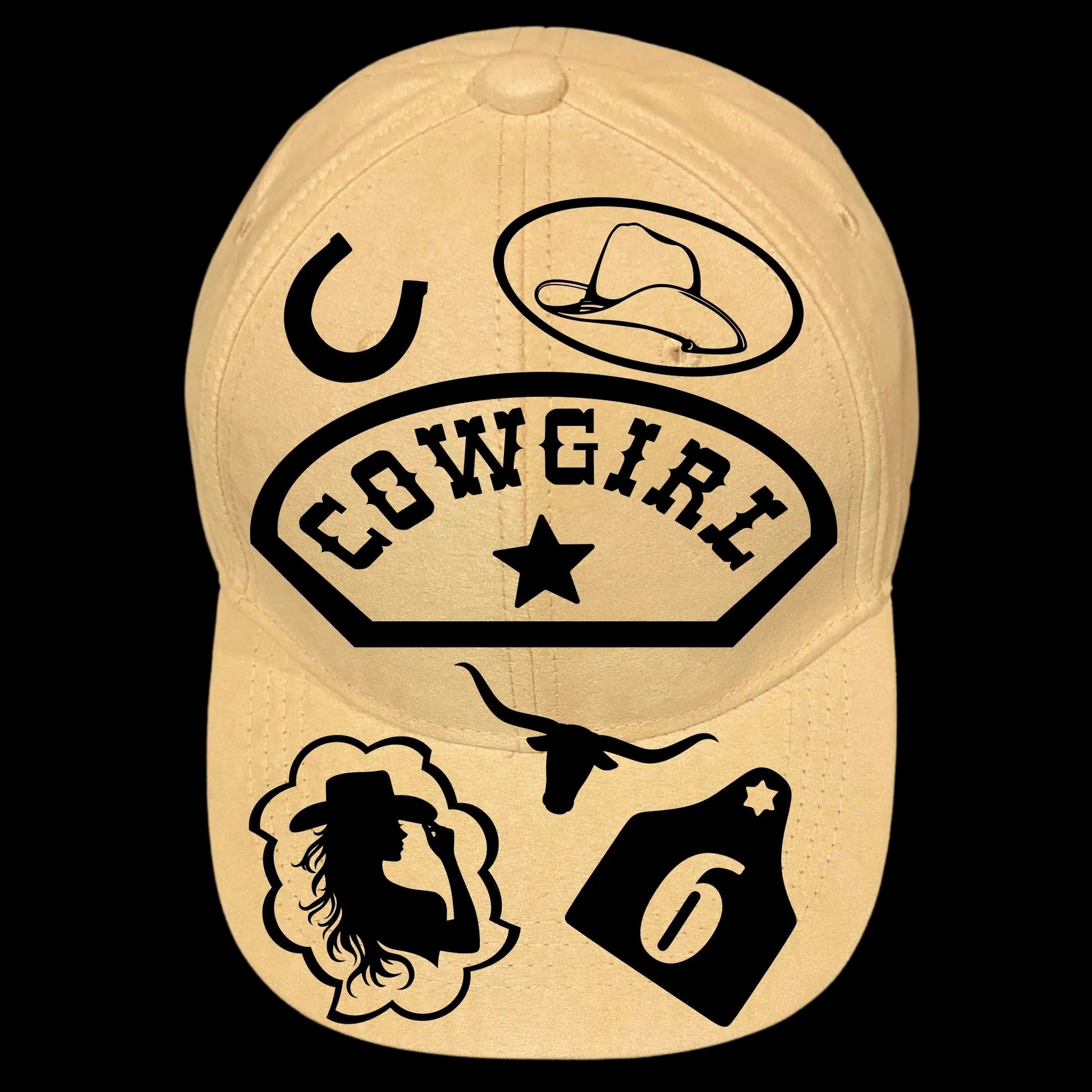 Faux Cowgirl Patch burned hat burning design on a baseball cap.