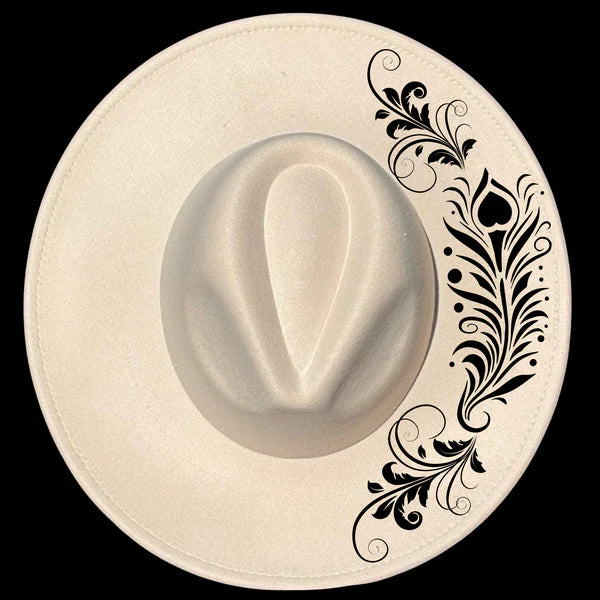 Wide brim hat with black decorative feather patterns on a black background