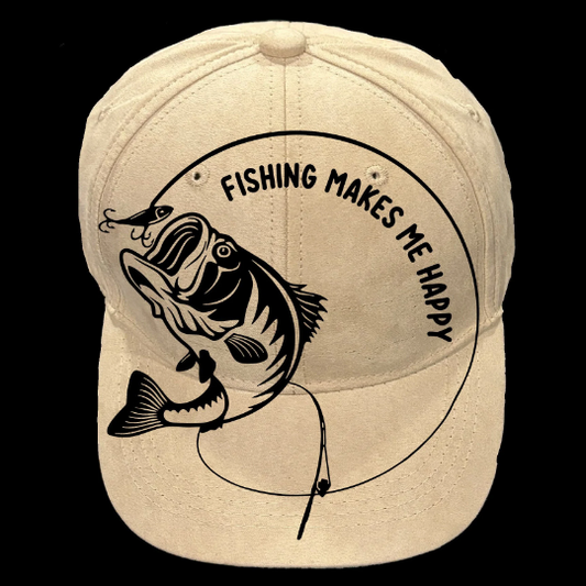 Fishing Makes Me Happy design on a baseball cap