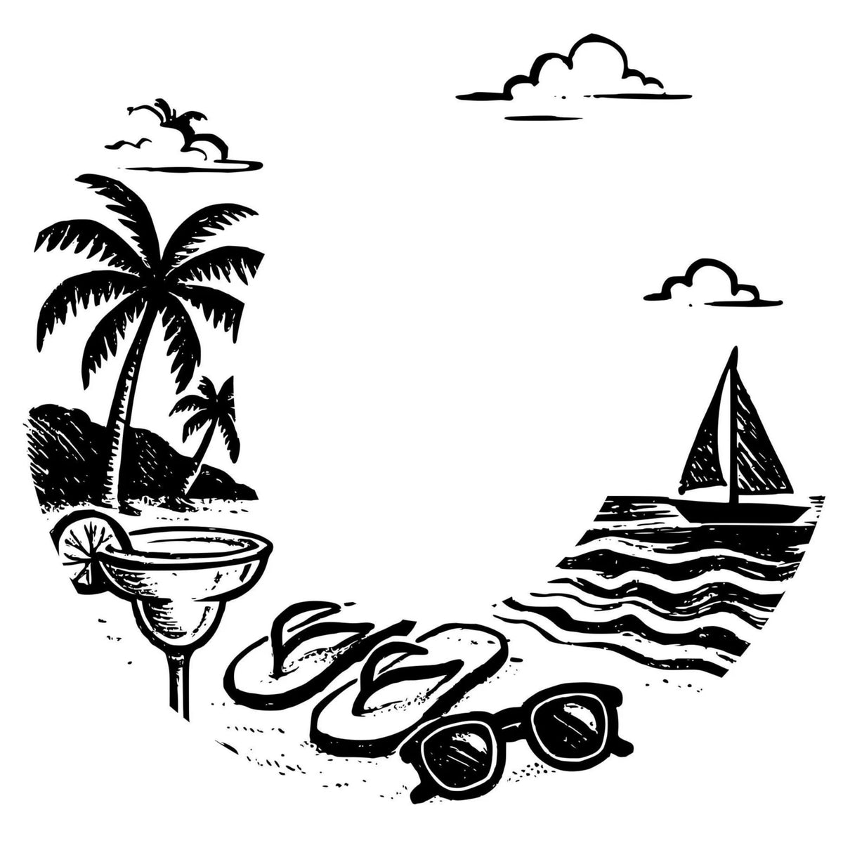 Flipflops, a sailboat, sunglasses, margarita and palm trees hat burning design