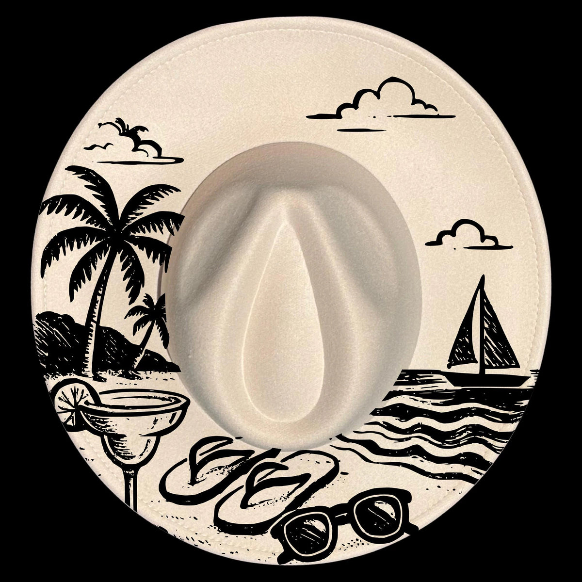 Flipflops, sunglasses, a sailboat, and margarita on a beach design on a wide brim hat