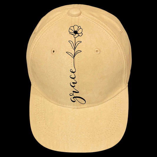 Grace Flower burned hat burning design on a baseball cap.