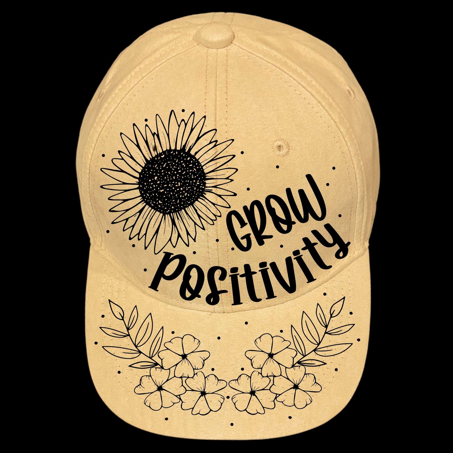 Grow Positivity burned hat burning design on a baseball cap