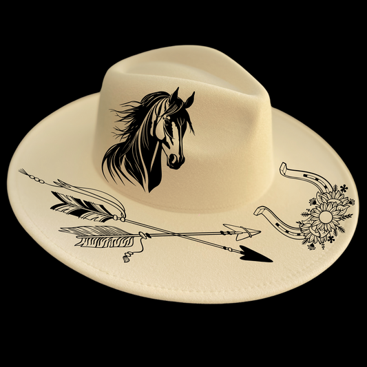 Tribal Horse And Arrows design on a wide brim hat