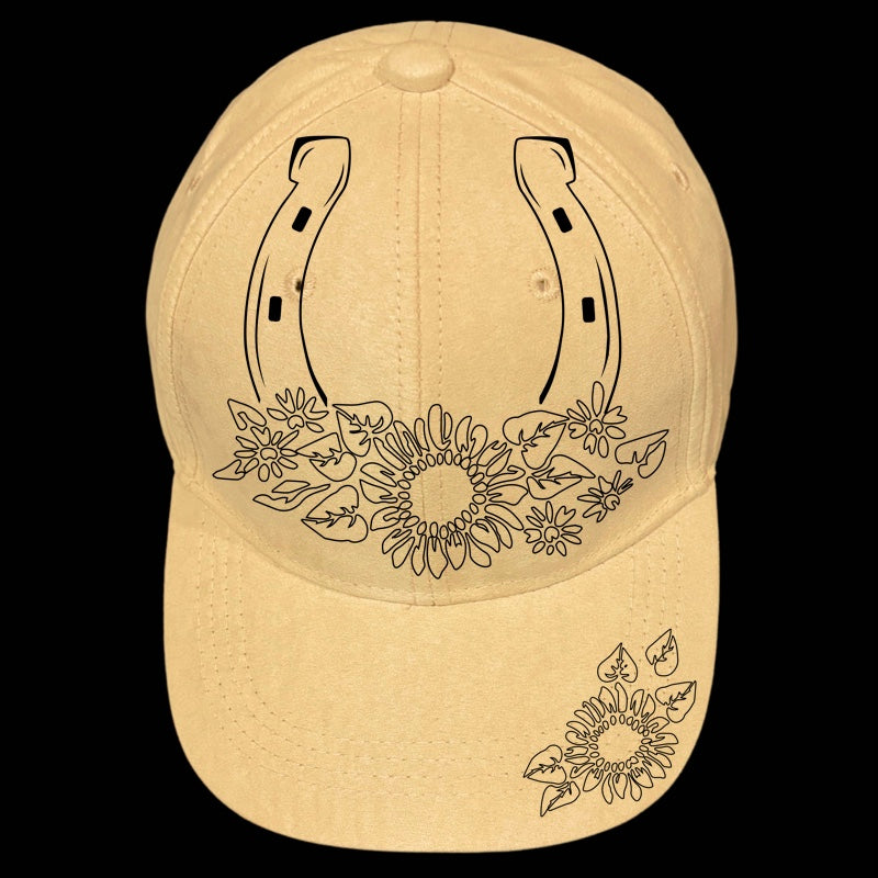 Horseshoes and sunflowers design on a baseball cap